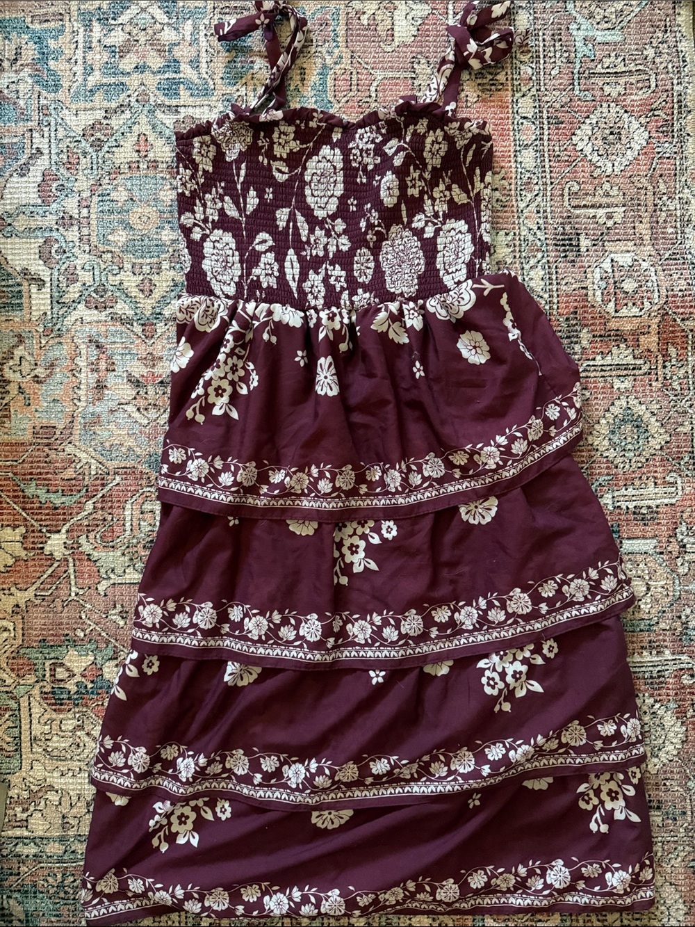 Francesca's Collections Burgundy Floral Tiered A-Line Skirt